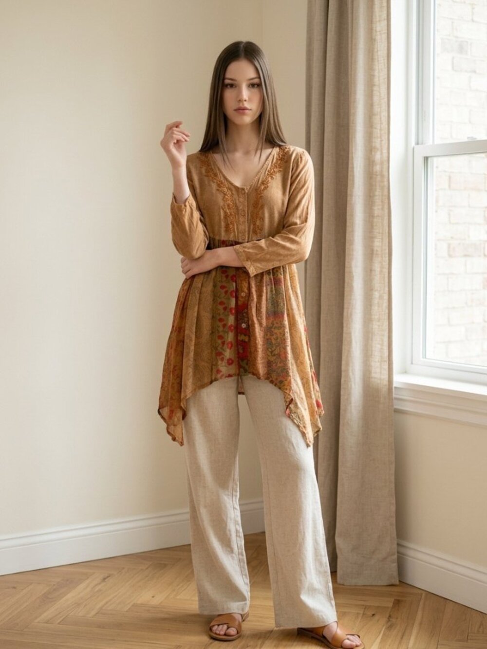 Young Threads Bohemian Embroidered Patchwork Tunic Top - XL (NWT)